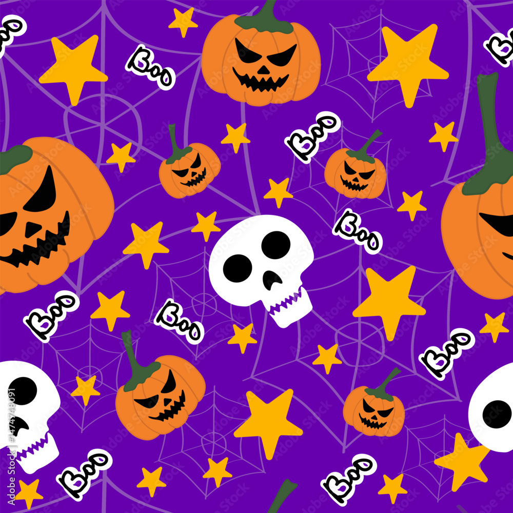 Fototapeta premium Purple Halloween Seamless Pattern with Pumpkins and Skulls