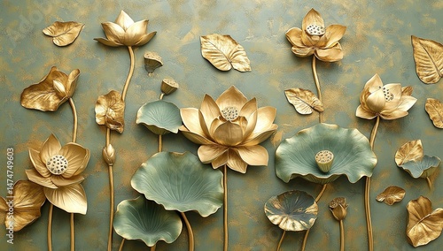 Golden Lotus Flowers On Green Background