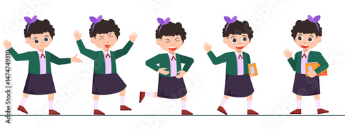 Cute School Kids Character Set. Flat Vector Illustration of Girls in Various Poses