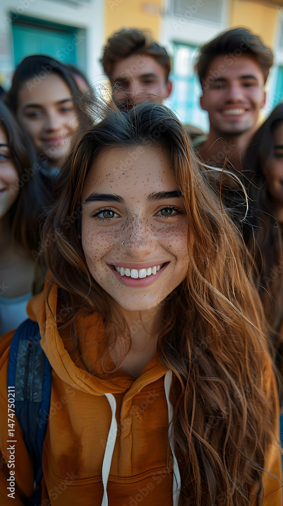 Obraz premium Happy girl with friends outdoors.