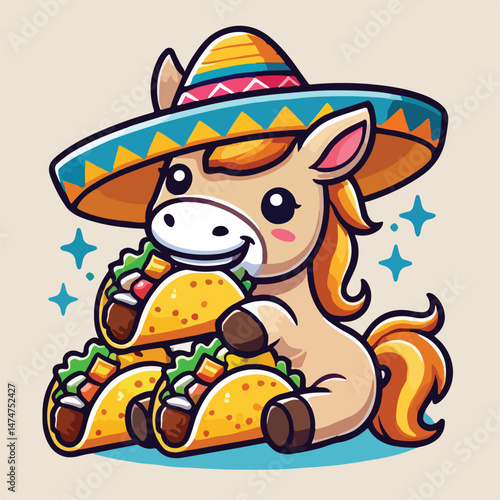 Cute Horse Eating Tacos With Sombrero Hat Cartoon Vector Icon Illustration