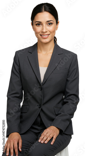 Confident young adult Hispanic businesswoman in a dark grey pantsuit, smiling warmly while seated against a plain transparent background, exuding professionalism and approachability.