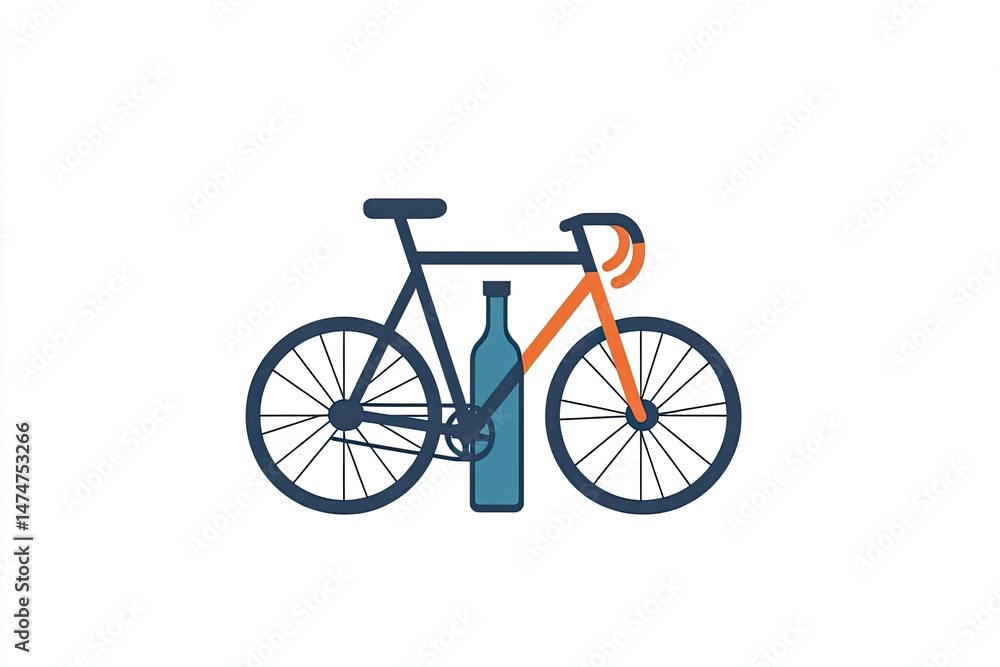 A bicycle and a bottle, simple and flat design. The bicycle is a fixed gear, with a teal colored bottle positioned between the frame A bicycle and a bottle, simple and flat design. The bicycle is a fixed gear, with a teal colored bottle positioned between the frame