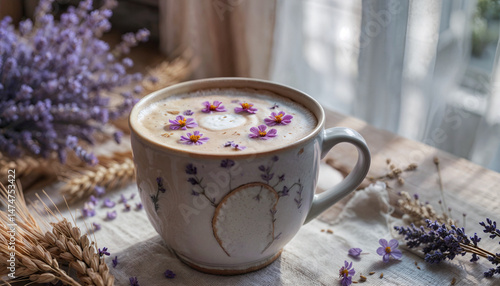Wallpaper Mural A frothy lavender latte in a handmade ceramic mug, topped with edible flowers on smooth foam, placed on a rustic table with wheat stalks and soft morning light coming through linen curtains. Torontodigital.ca