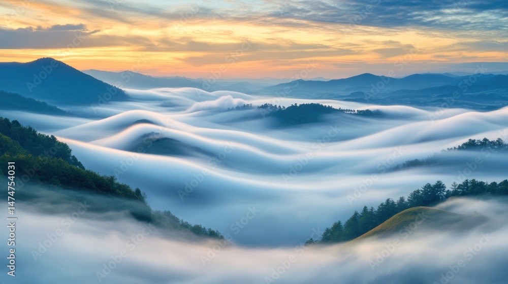 Fototapeta premium Serene landscape at dawn with rolling fog over hills and mountains under a colorful sky