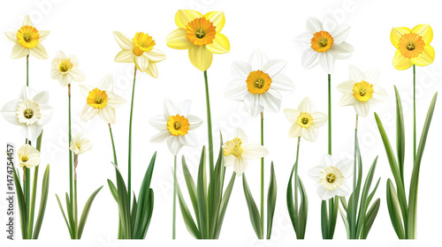 Collection of White and Yellow Daffodil Flowers on Transparent Background

