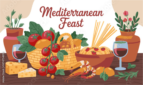 Modern vector illustration featuring a Mediterranean food theme, easily scalable and editable.