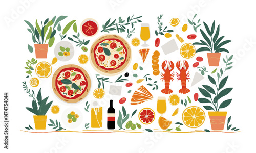 Modern vector illustration featuring a Mediterranean food theme, easily scalable and editable.