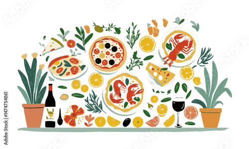 Modern vector illustration featuring a Mediterranean food theme, easily scalable and editable.