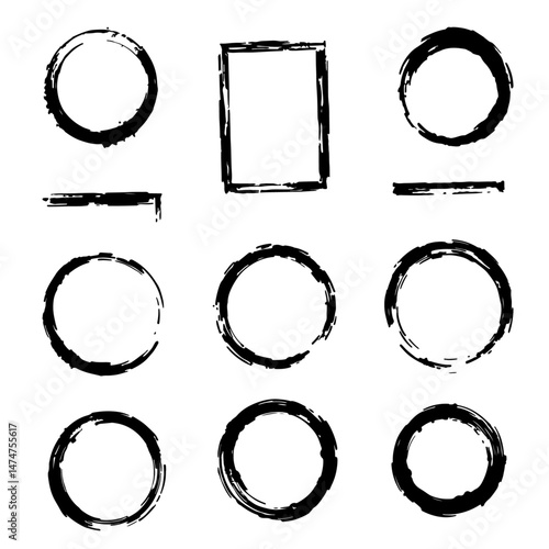Black ink brush strokes in circles, grunge texture vector set isolated on a white background. Hand drawn circular shapes with round textures and stripes