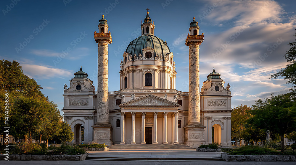 Obraz premium Grand white cathedral with blue dome and pillars against blue sky with clouds