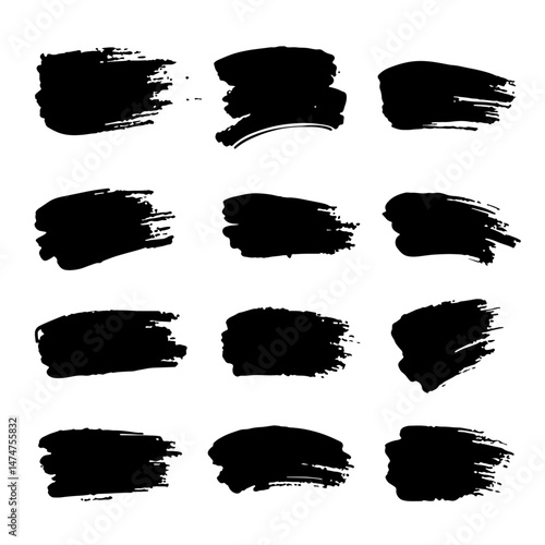  A collection of modern grungy paint brush strokes is presented, featuring calligraphy with straight smears, stamp, and lines, all hand drawn in ink and isolated on a white background with modern