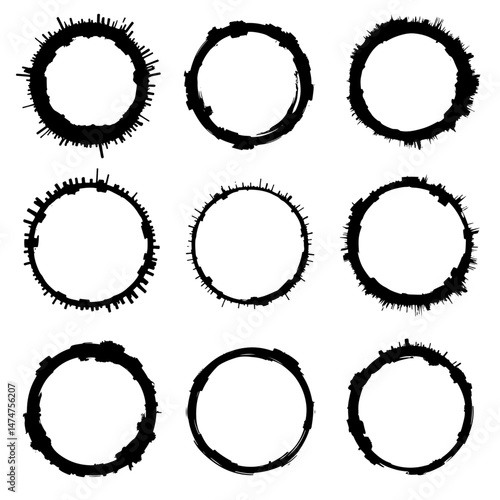 Oval and circle sketch shape, round charcoal marker, ink paint brush, grunge organic blob, irregular stain, black stroke spot isolated on white background.