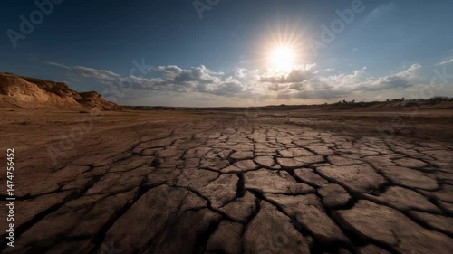 Cracked dry land with textured surface under bright sun and partly cloudy sky on horizon