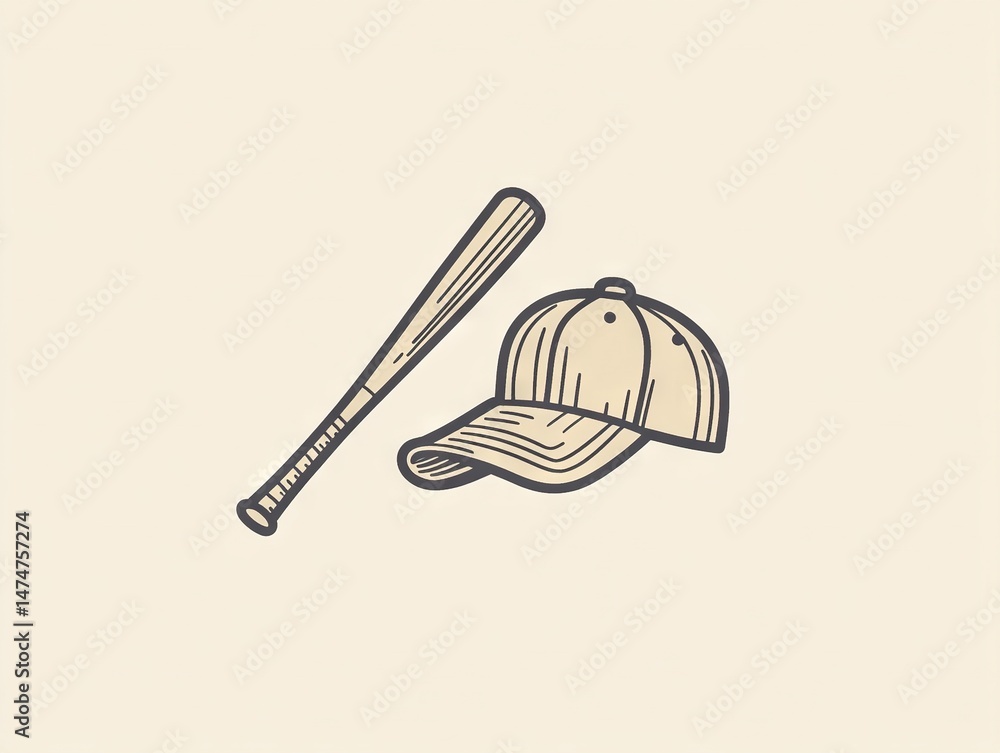 Fototapeta premium Thin-Line Bat and Baseball Cap Icons Crossed at Center – A Clean Visual for Cards, Flyers, or Minimal Branded Apparel Use