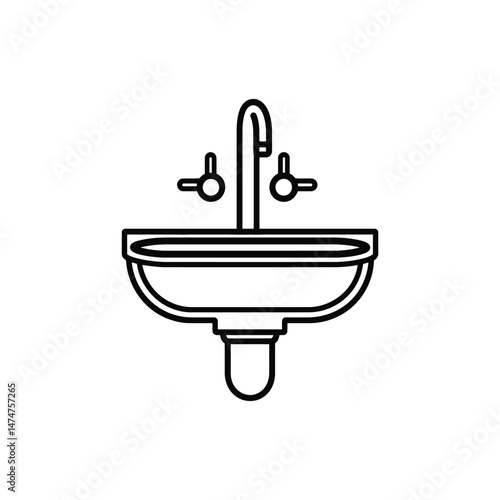 A minimalist sink with a faucet and knobs shown in a black outline on white