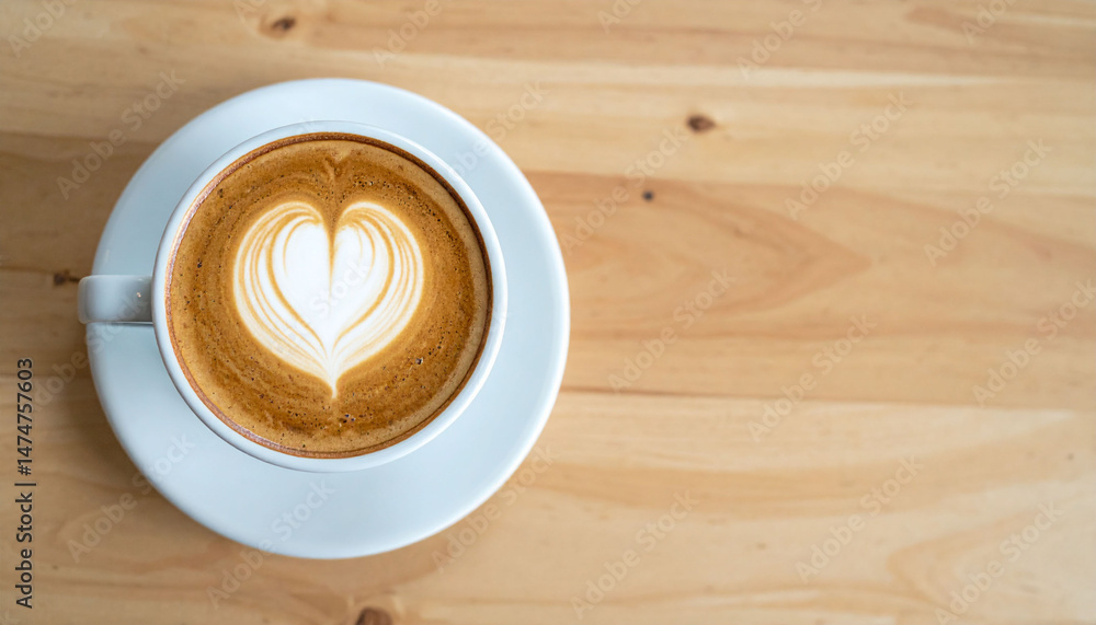 Obraz premium the scene presents a top down view of a cup filled with a frothy beverage, resting on a matching saucer. the beverage displays an artistic design, resembling a heart created with the foam