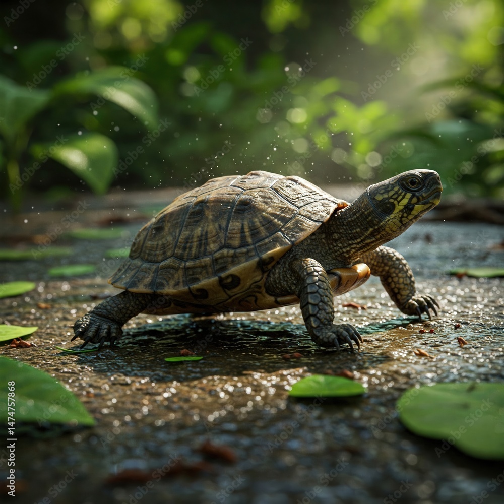 Fototapeta premium Macro Turtle Walking on Stone – World Turtle Day | World Sea Turtle Day | Sea Turtle | Save Turtle | 4K HD High Quality Turtle Laptop Desktop 16:9 Wallpaper Background