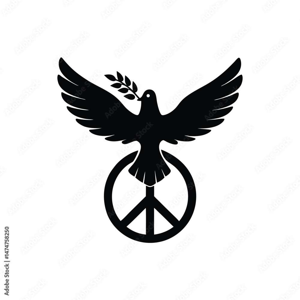 Obraz premium Silhouette of Dove with Olive Branch – Peace Symbol Vector Icon