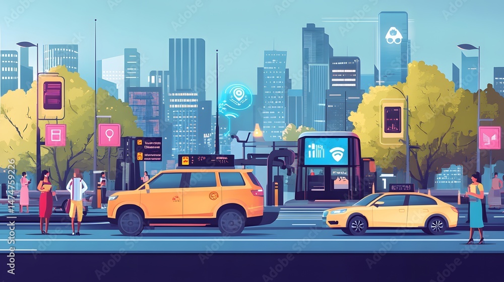 Futuristic urban street scene with modern vehicles and smart technology. Futuristic urban street scene with modern vehicles and smart technology.