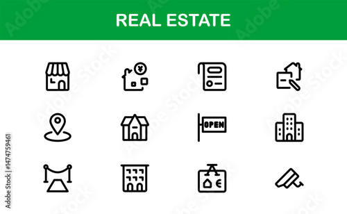 Property and Real Estate Premium Icons. Professional, Modern Residential, Commercial, and Architecture Symbol Set for Real Estate Marketing and Branding line style