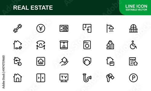 Property and Real Estate Premium Icons. Professional, Modern Residential, Commercial, and Architecture Symbol Set for Real Estate Marketing and Branding line style