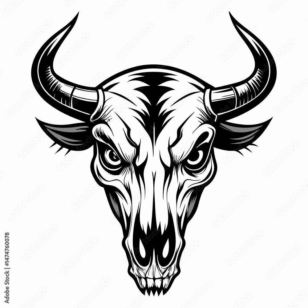 Obraz premium Illustration of a bull skull in black and white style. 