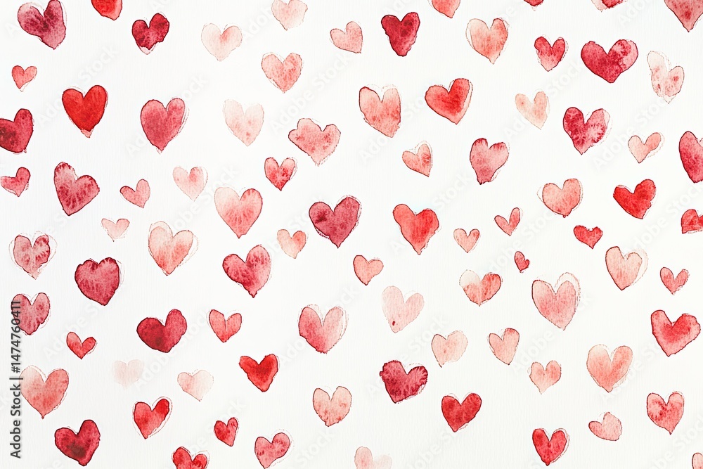 Many small watercolor hearts in various shades of red and pink, scattered on a white background. Detailed, artistic depiction of love Many small watercolor hearts in various shades of red and pink, scattered on a white background. Detailed, artistic depiction of love