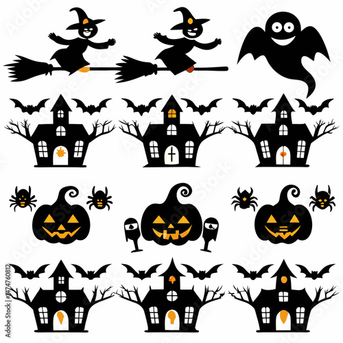 Halloween Ghost Holding Candles Free Vector,  a witch flying on a broomstick, haunted houses with glowing windows and crooked roofs, smiling and fanged ghosts,  