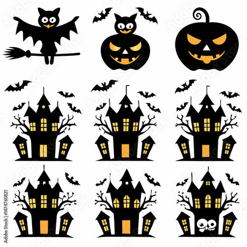 Halloween Ghost Holding Candles Free Vector,  a witch flying on a broomstick, haunted houses with glowing windows and crooked roofs, smiling and fanged ghosts,  
