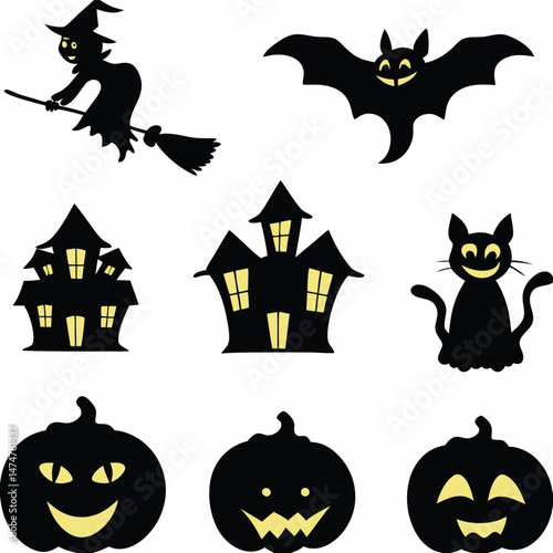 Halloween Ghost Holding Candles Free Vector,  a witch flying on a broomstick, haunted houses with glowing windows and crooked roofs, smiling and fanged ghosts,  