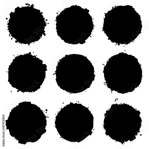 Oval and circle sketch shape, round charcoal marker, ink paint brush, grunge organic blob, irregular stain, black stroke spot isolated on white background.