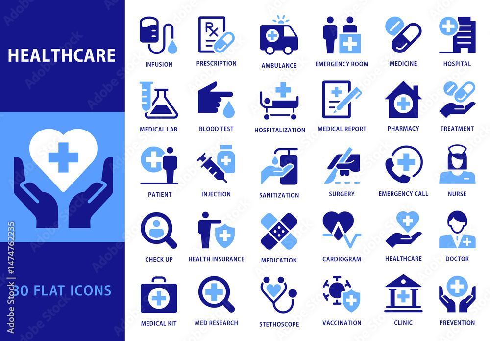 Collection of 30 Flat Style Blue Colored Vector Icons for HealthCare ...