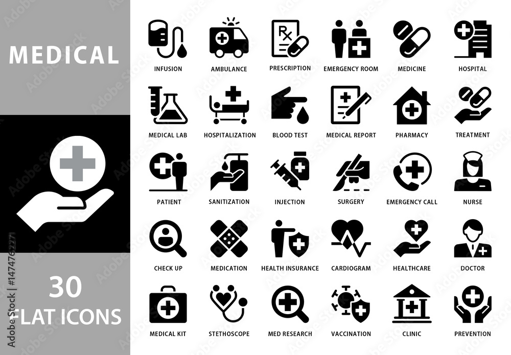 Collection of 30 Flat Style Black and White Vector Icons for Medical ...