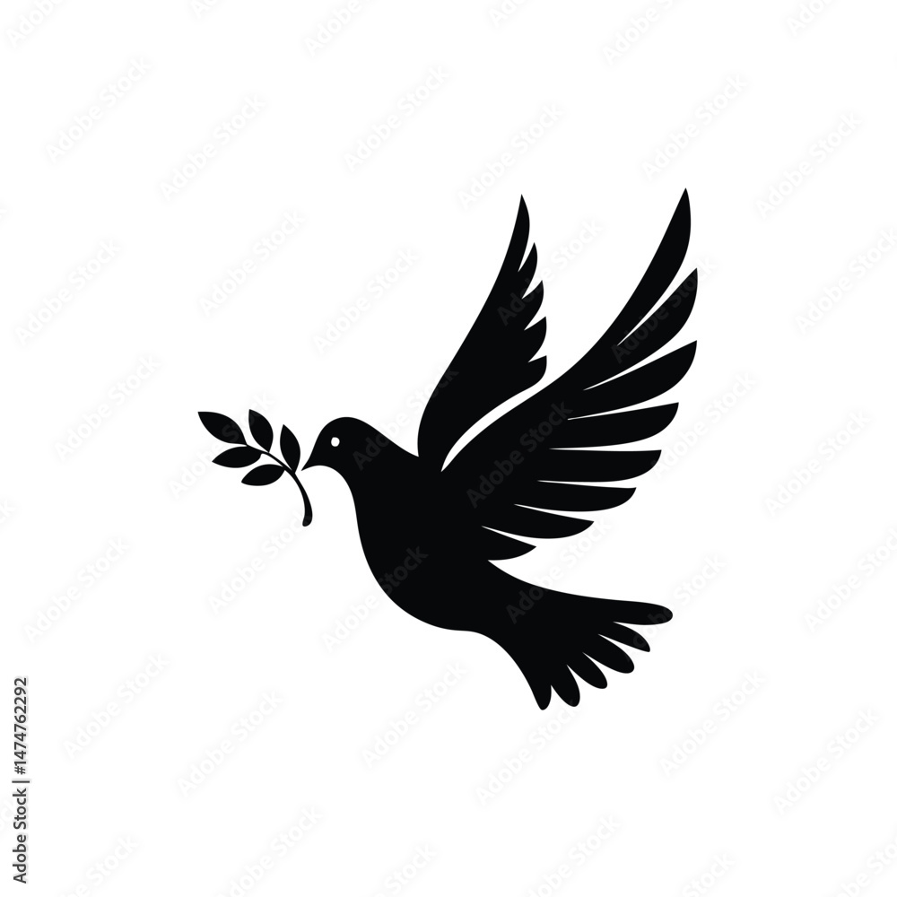 Obraz premium Silhouette of Dove with Olive Branch – Peace Symbol Vector Icon