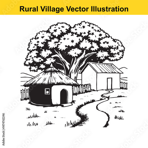 Rural Village Scene Line Art with Huts and Tree – Black and White Illustration