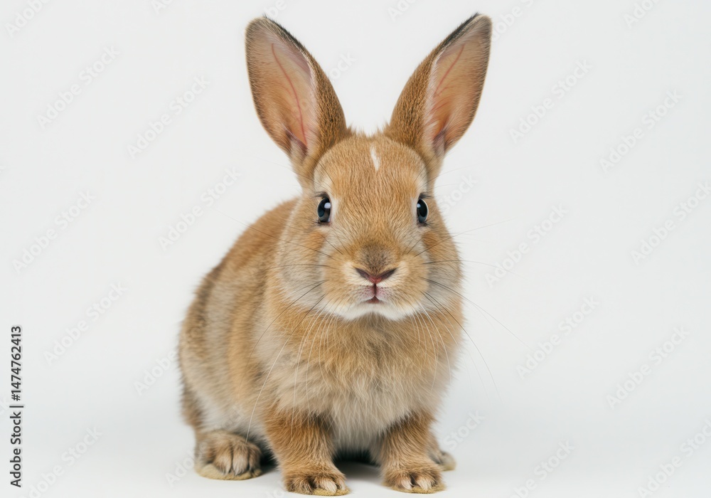 Fototapeta premium A light brown rabbit with long ears sits against a plain white background looking at the camera
