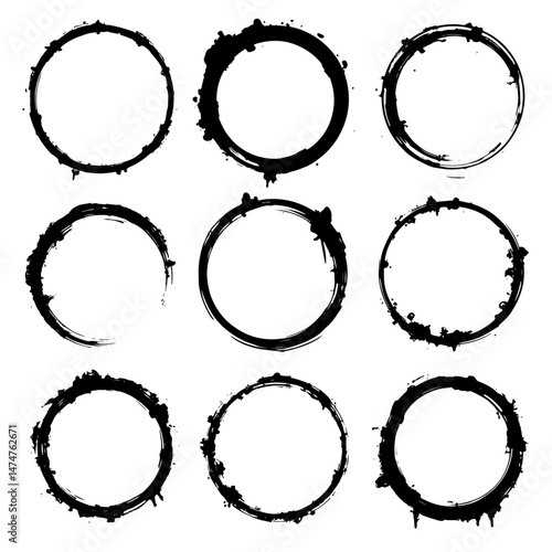 Oval and circle sketch shape, round charcoal marker, ink paint brush, grunge organic blob, irregular stain, black stroke spot isolated on white background.