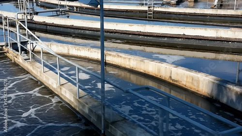 Circular Blue Wastewater Treatment Plant Tank Infrastructure Aerial View