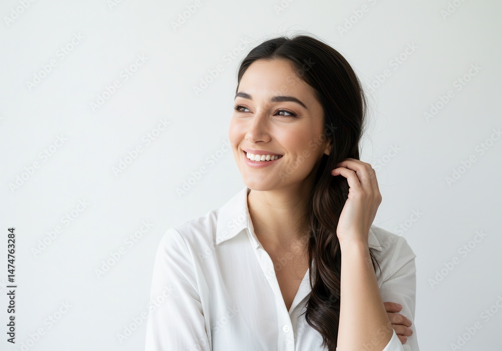Portrait of a smiling woman in a white shirt touching her hair against a white background wall space Portrait of a smiling woman in a white shirt touching her hair against a white background wall space