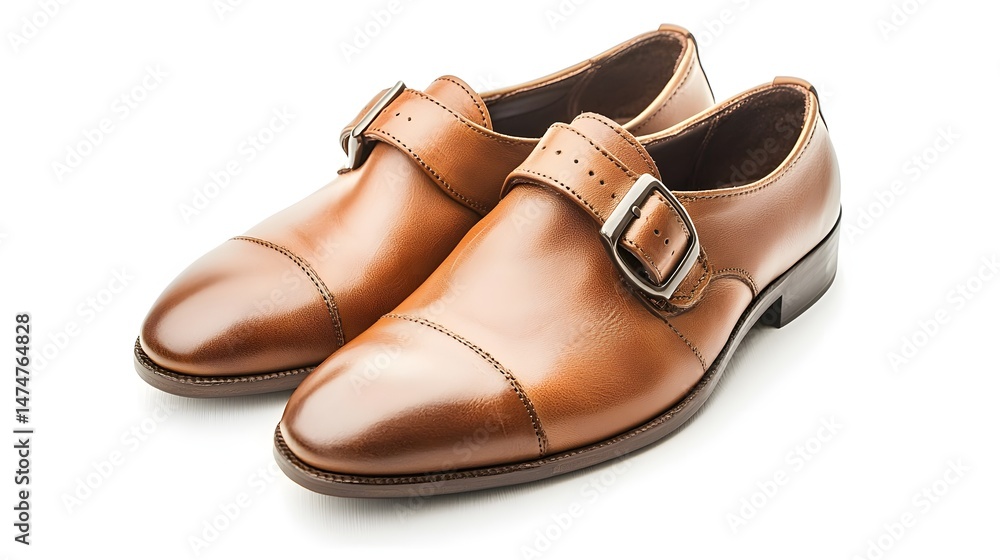 Elegant Brown Leather Shoes with Buckle Detailing on White Background Elegant Brown Leather Shoes with Buckle Detailing on White Background
