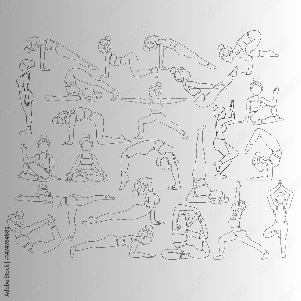 Fototapeta premium Silhouette of a woman meditating yoga post and grey background
