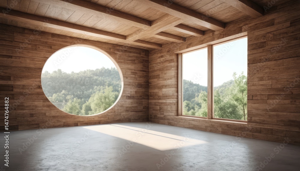 Fototapeta premium Serene Wooden Room with Panoramic Forest View