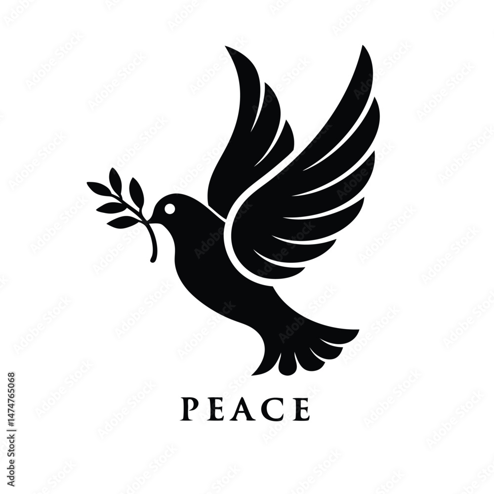 Obraz premium Silhouette of Dove with Olive Branch – Peace Symbol Vector Icon