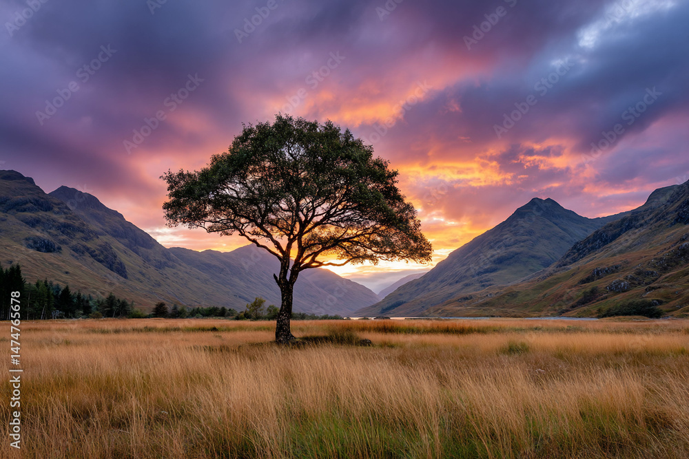 Tree stands on field, sunset, mountains, landscape with clouds filling the sky Tree stands on field, sunset, mountains, landscape with clouds filling the sky