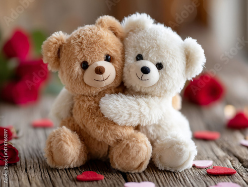 Two cute teddy bears hugging, surrounded by red roses and hearts on a wooden surface