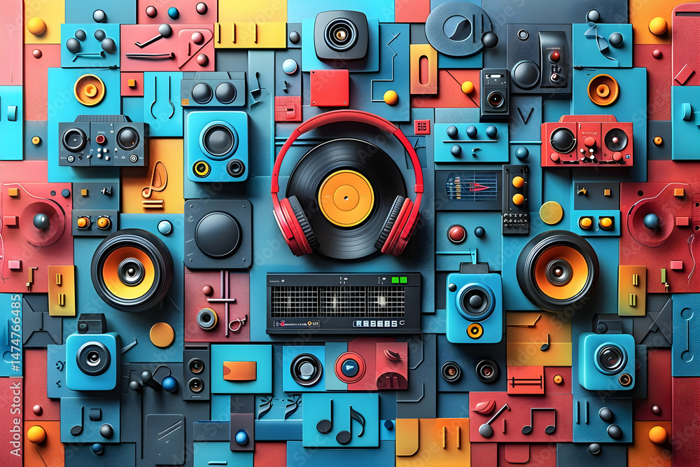 Obraz premium Vinyl with Headphones, and Music Tech Collage.