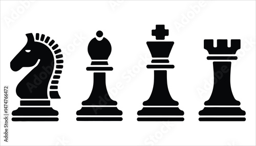 Chess Pieces Icon Set: Knight, King, and Queen Silhouettes for Strategy and Game Designs