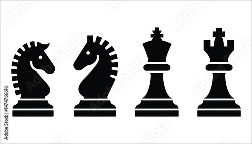 Chess Pieces Icon Set: Knight, King, and Queen Silhouettes for Strategy and Game Designs