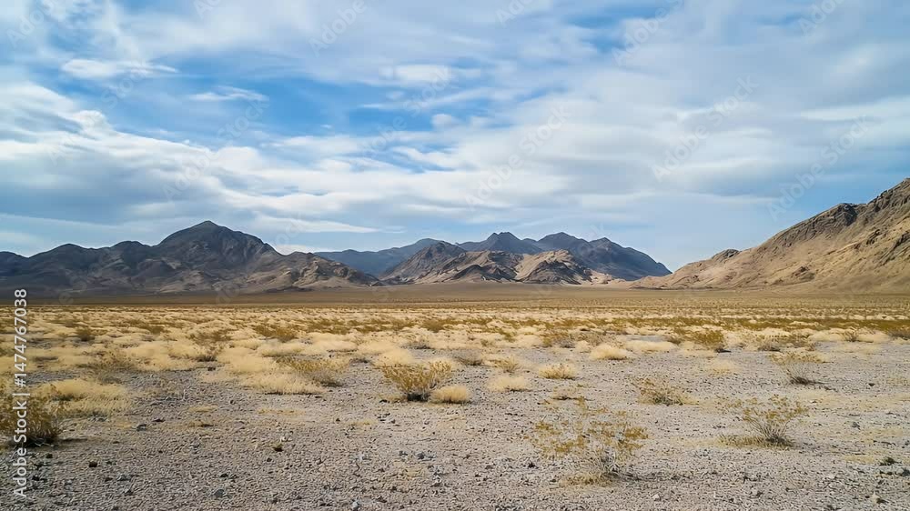 Arid Desert Landscape with Rocky Mountains Under Partly Cloudy Sky Offers Scenic View Arid Desert Landscape with Rocky Mountains Under Partly Cloudy Sky Offers Scenic View